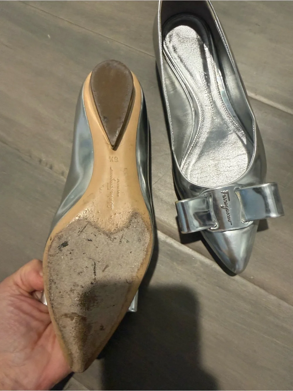 Salvatore Ferragamo Metallic Silver Pointed-Toe Bow Flats